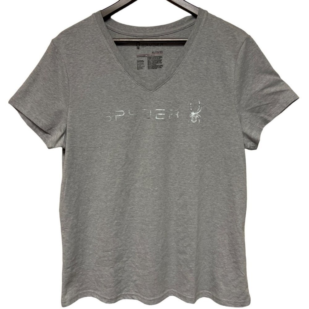 NEW! Spyder Grey V-Neck Silver Logo Short Sleeve Tee T-Shirt Women's SIze XL